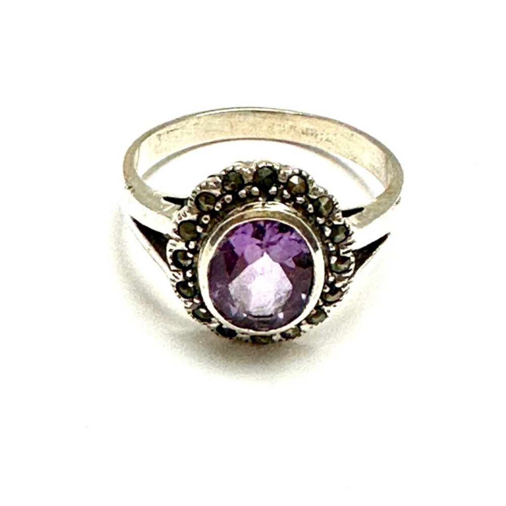 Art Deco Sterling Silver Amethyst Marcasite Ring Size 10.5